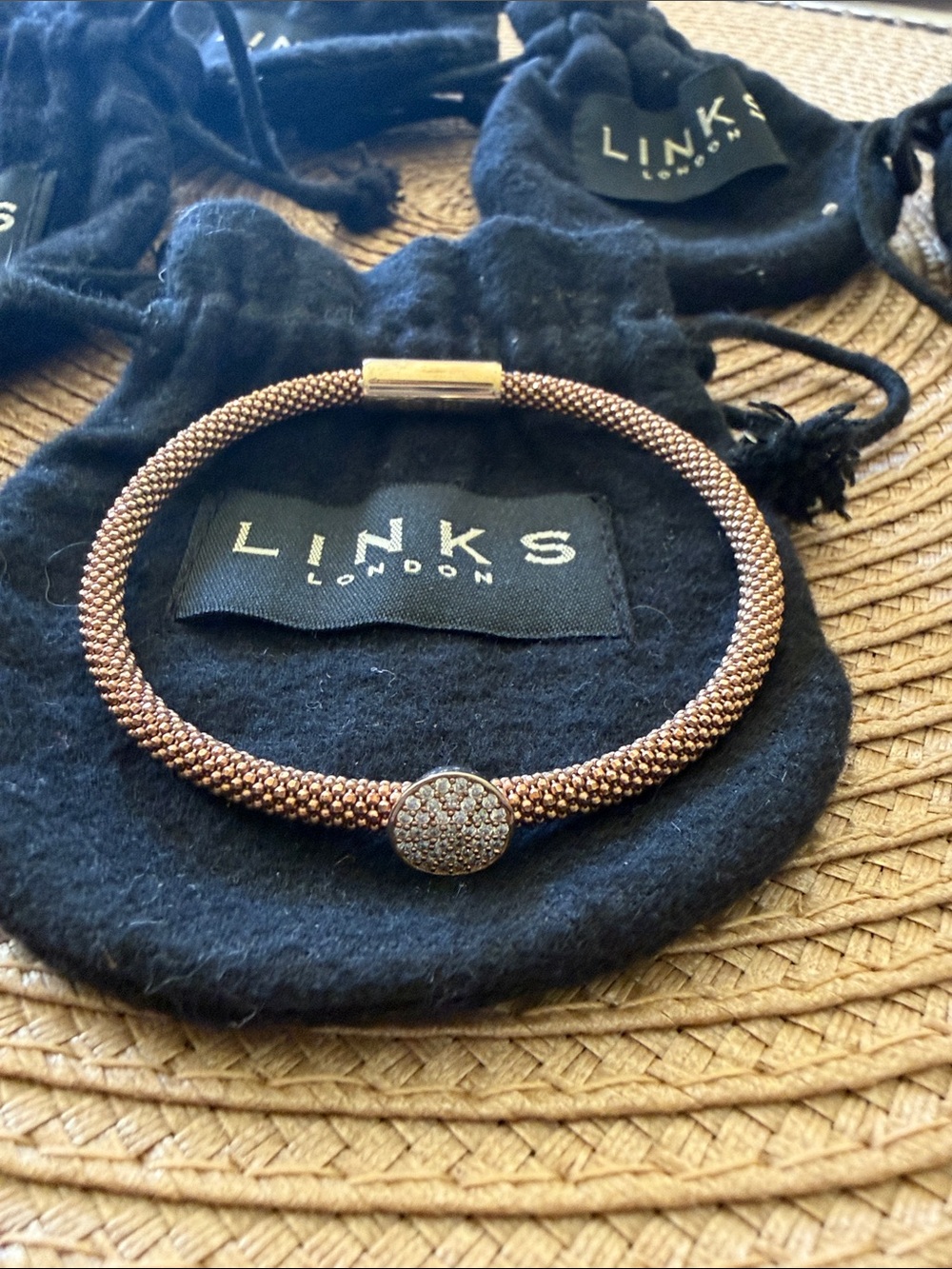 Rose Gold Pavé Bead Bracelet with Pavé Disc